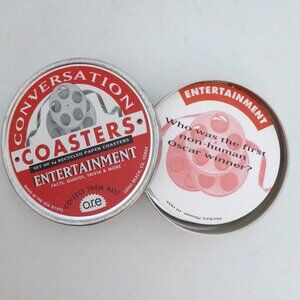 22 BAR DRINK COASTER SET CONVERSATIONAL ENTERTAINMENT TRIVIA TIN RECYCLED PAPER
